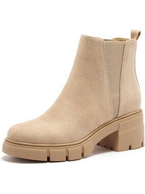 Women's Nude Faux Suede Chelsea Elastic Chunky Block Heel Lug Sole Ankle Booties